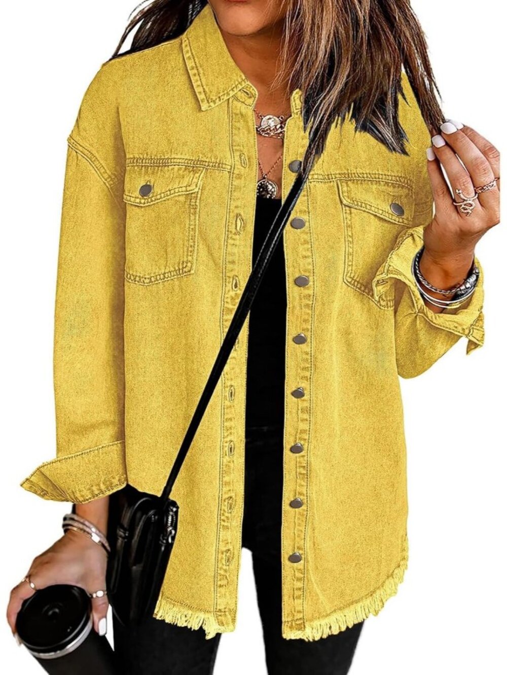 Women's Gold Oversized Button Up Drop Shoulder Frayed Raw Hem Denim Jean Jacket